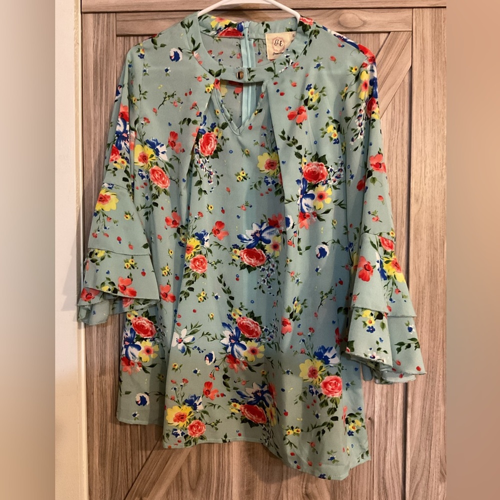 Orange and Red Boxy Blouse with 3/4 Sleeves and Mandarin Collar